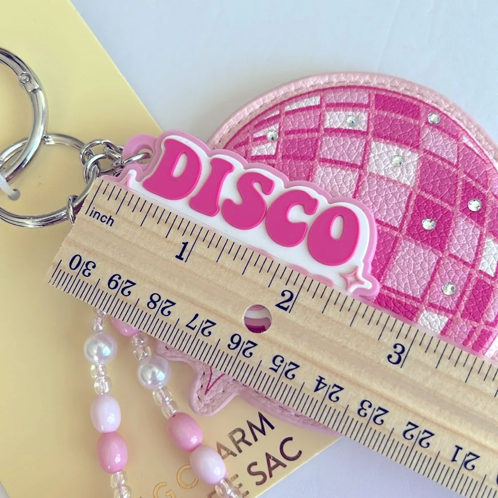 Pink Disco Baby pop art Handbag Charm/Keychain with furry Pom Poms